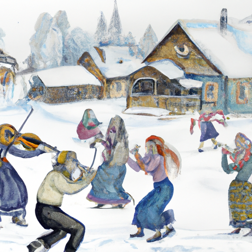 A watercolor with nine women dancing on the snow in a Russian village while a man plays the violin